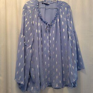 Jennifer Lopez Womens 3X Boho Tunic Blue Metallic Feather Bell Sleeve Flowy